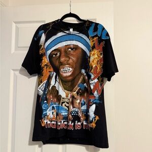 Black Graphic T-Shirt with Blue and Orange Accents